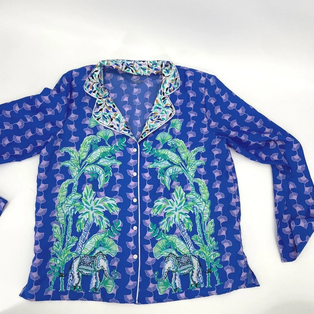 Lilly Pulitzer Winona PJ Top M Ginkgo Party Blue Purple Silky Satin Pajama Shirt
